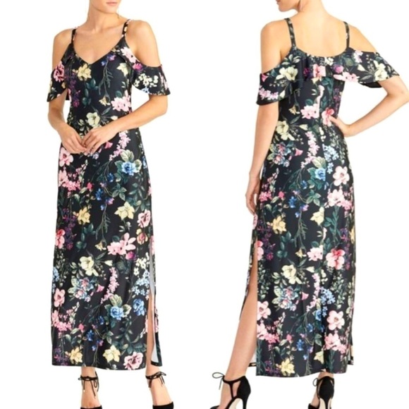 NEW NWT | Rachel Roy | Black Gaia Floral Maxi Ruffle Dress | Size Medium - Picture 1 of 11